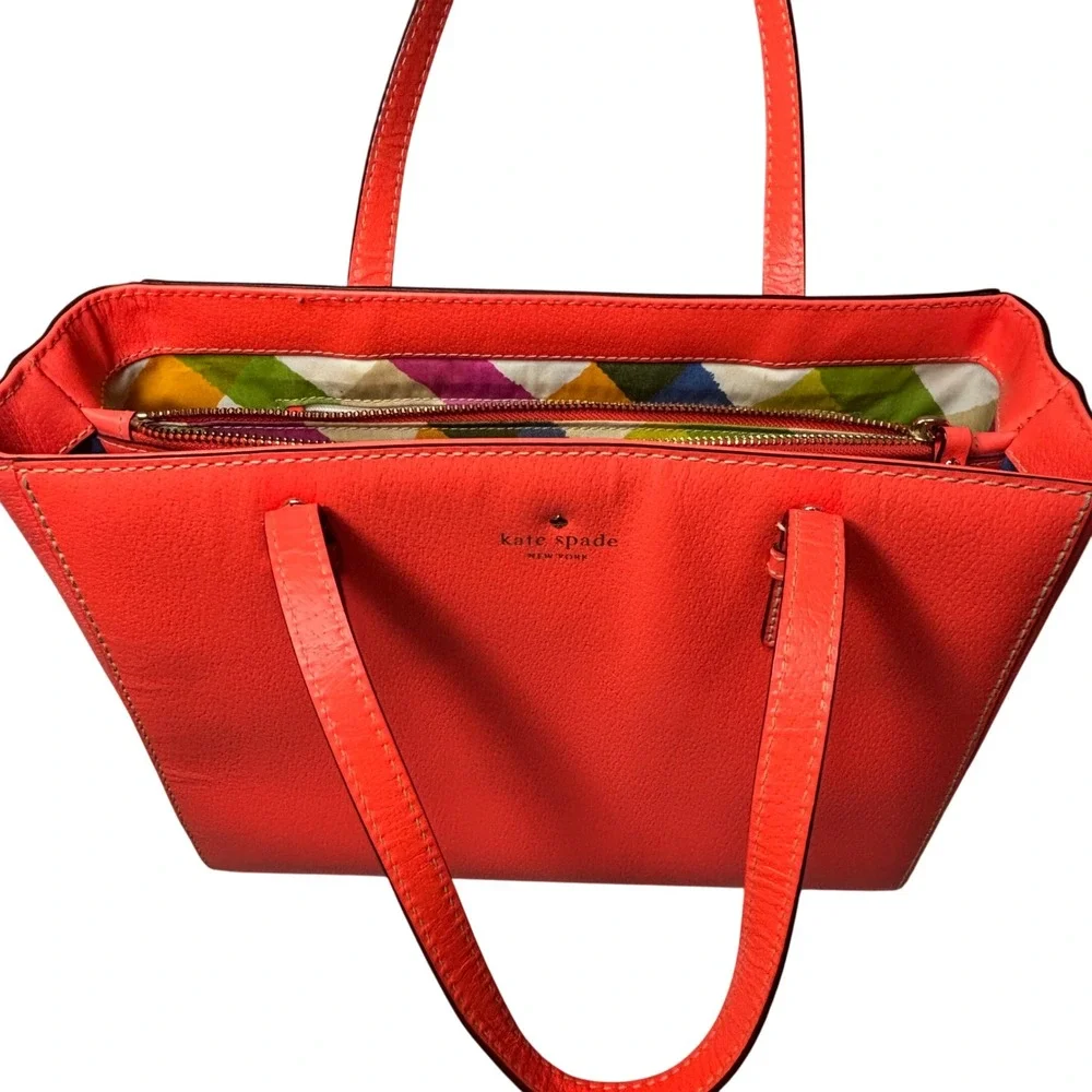 Kate Spade New York Orange Pebbled‎ Leather Tote Bag Chevron Lining Gold Logo